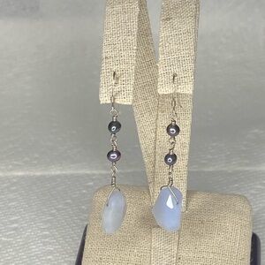 🔥Vintage Artisan Chalcedony & Black Tahitian-Style Pearl Earrings 925  Silver